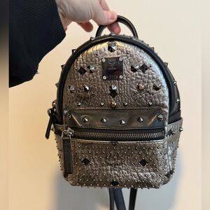 New without tags - Metallic Silver MCM Visetos Rare Studded Stark Mini Backpack